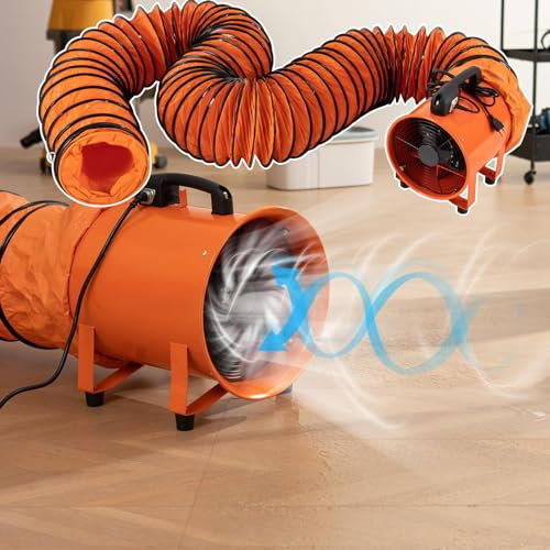 14 Inchs Utility Blower Fan, 2 Speed Heavy Duty Cylinder Axial Exhaust Fan with 32ft High Temperature Resistant PVC Telescopic Air Duct, for basements, warehouse, Workshop, or Confined Space