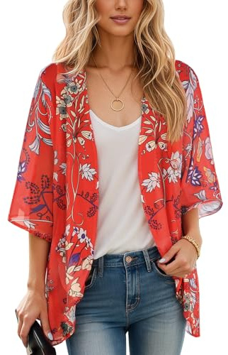 Cárdigan tipo kimono de manga abombada con estampado floral para mujer, blusa casual suelta, Boho Rojo, M