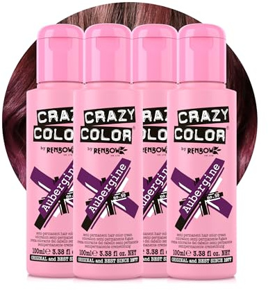 Crazy Color Vibrant Aubergine Semi-Permanent 4 Pack Quad Hair Dye. Highly Pigmented Wine Purple Conditioning & Oil Nourishing Vegan Formula No Bleach or Ammonia 400ml