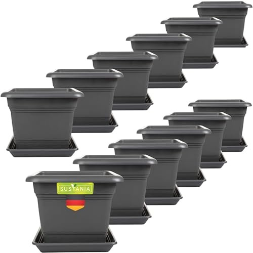 SUSTANIA Pflanzkübel Eckig 28x28 Anthrazit 12er Set - Robuster Blumentopf GroÃŸ, Ãœbertopf Ideal für Tomatenpflanzen, Eckige Pflanztöpfe Kunststoff für Garten & Balkon