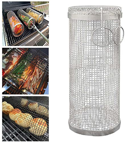 Rolling Grill Basket, BBQ Grill Basket Fish Roaster, Grill Basket for Fish Vegetables Steak Shrimp Choppers-S (S)