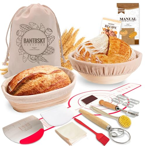 Sourdough Bread Baking Supplies, Banneton Bread Proofing Baskets, 10 inch Oval & 9 inch Round Sourdough Proofing Basket with Full Set of Bread Making Kit, Bread Baking Gifts, Sourdough Starter Kit