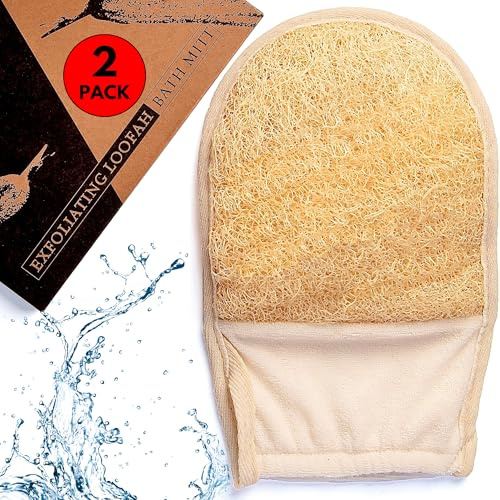 100% Natural Loofah Mitt, [UK Brand] Exfoliating Mitt Made with Eco-Friendly Egyptian Loofa Sponge, Body Exfoliator Luffa Glove for Shower and Bath - x2 Pack