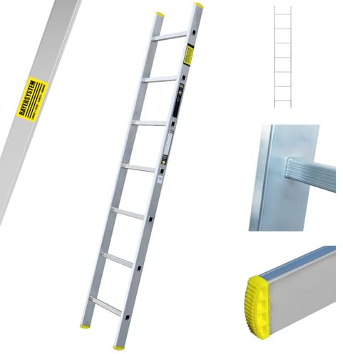Bayersystem BS-DJ 1x7 Aluminium Anlegeleiter, 7 Sprossen, bis 150 kg belastbar, Leiterhöhe 1,91 m, max. Arbeitshöhe 2,79 m, Profi-Leiter, Stufenanlegeleiter, Silber/Gelb