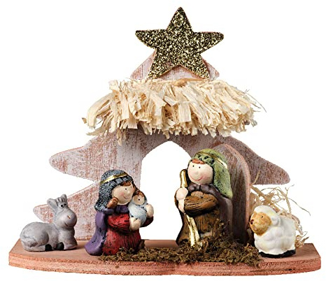 Weihnachtskrippe mit 5 Figuren und Stall, Maße 15 x 8 x 13 cm. Perfekt für die Dekoration Ihres Zuhauses zu Weihnachten. Spüren Sie den Zauber der Weihnachtsszene mit authentischen Details. Ideal für