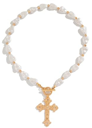 IOETSEUT Damen Halskette Schwester Halskette Kreative Barock Imitation Perlenkette Halskette Frauen Ehe Braut Goth Kreuz OT Schnalle Anhänger Choker Halsschmuck Mädchen Geschenke