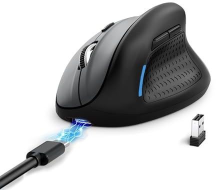 E-Yooso Ergonomische Kabellose Vertical Maus, mit 6 Tasten,Wiederaufladbarer Akku,5 einstellbaren DPI-Stufen, 4800 DPI,Bluetooth und 2.4 GHz Verbindung via Unifying USB-Empfänger Multi-Device