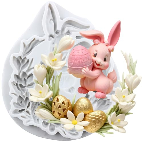 MINFEIDMS 3D Easter Bunny Fondant Moulds Bunny 3D Silicone Moulds Rabbit Flowers Moulds for Cake Decorating Cupcake Topper Candy Chocolate Gum Paste Polymer Clay