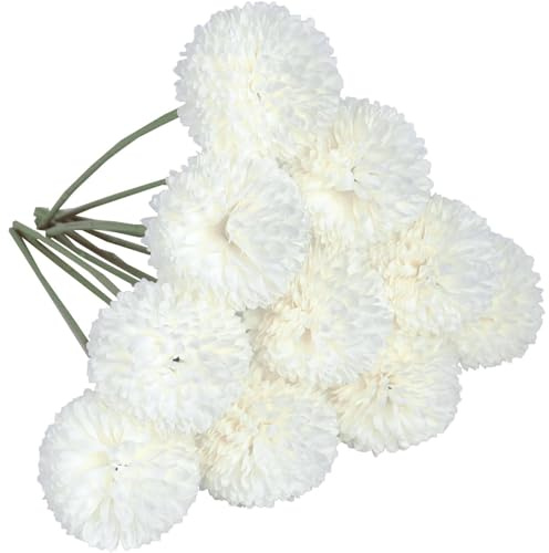 CAKEEYUM Chrysanthemum Flowers Artificial, 10PCS 11 Inch White Fake Flowers, Lifelike White Artificial, Faux for Vase Home Office Coffee House Decor Chrysanthemum Artific
