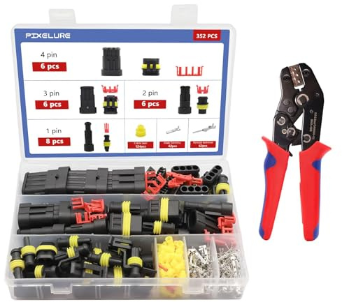 Pixelure 352pcs kfz Stecker,kfz Steckverbinder,kfz Stecker Wasserdicht,Wasserdichte Stecker 12v,mit Crimpzange,1/2/3/4 Pin Auto Steckers,Fit für KFZ Motorrad Auto Boots LKW