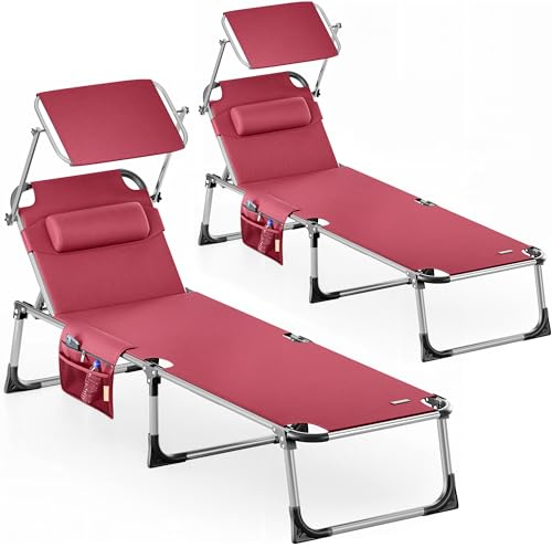 CASARIA® Set 2X Tumbonas Playa Plegable 180Kg Silla Jardín Reclinable Exterior Toldo Reposacabeza 210x61cm Bolsillo Piscina Camping Terraza Rojo