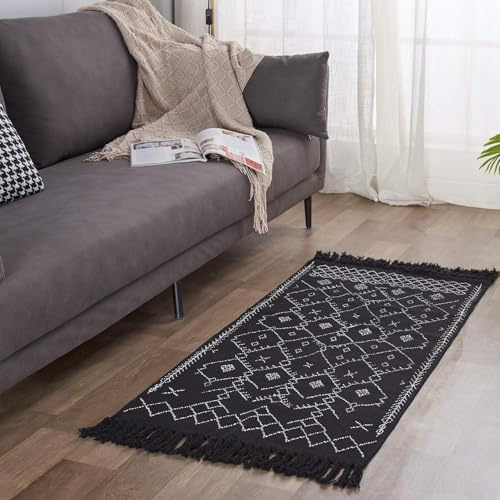 INKAROBOX Teppiche aus Baumwolle mit Quaste Gewebte Baumwolle Wurf Teppich Läufer für Küche, Wohnzimmer, Schlafzimmer, Waschküche, Eingangsbereich (schwarz Rhombus, 60 x 130 cm)