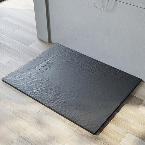 SMC Plato de ducha con sifón, plano, estructura antideslizante, incluye desagüe de 90 mm de diámetro, plato de ducha plano, diseño especial para un desagüe oculto (gris, 140 x 90 cm)
