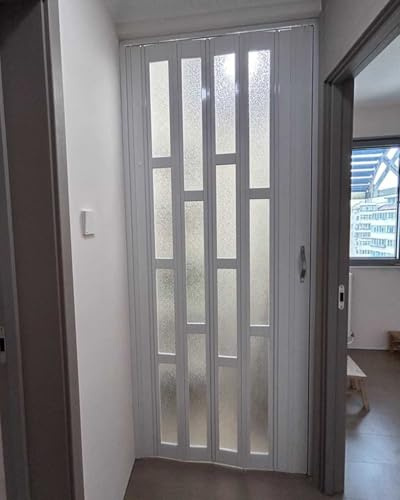 Retractable Accordion Screen Door - White PVC Folding Concertina Door with Frosted Acrylic Glass for Internal Hallway Sliding Privacy Partition (23x39in / 58.5x100cm)