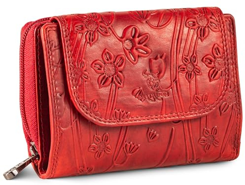 MATADOR Geldbörse Damen Rot Leder #Murcia mit edler Geschenkbox, Elegante Geldbörse Damen Mittelgroß mit RFID Blocker, Luxus Portemonnaie Frauen Mittelgroß Viele Kartenfächer, Blumen Rot