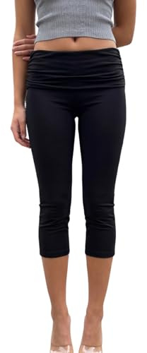 FOMOYUU Women's Fold Over Capri Leggings Y2K Low Rise Flared Pants Stretch Lounge Yoga Athletic Cropped Pants Bell Bottoms (Black, S)