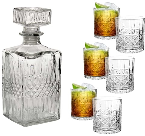 moorg Set Bicchieri Whisky 300 ml con Decanter Whisky da 1000 ml in Vetro – 6 Bicchieri da Rum Moderni con Bottiglia, Bicchiere Vetro Particolari, Tumbler per Cocktail