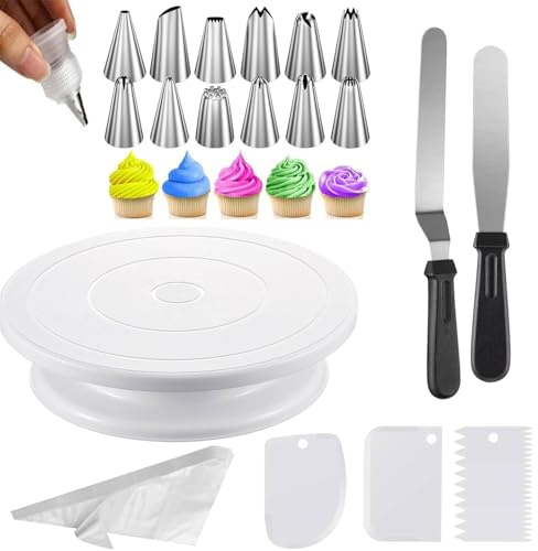 11 Inch Cake Decorating Kit, 69 Pcs Cake Decorating Kits, Rotating Cake Stand, Cake Scrapers, Cake Spatula, Cake Icing Piping Kit with Nozzles, for Decorating Cake Baking Professionals Home Bakers