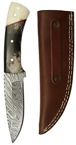 elToro Buffalo Bone, Damast, Jagdmesser, 11cm, inkl. Lederscheide | Messer für Camping, Outdoor, Survival, Wald und Forst