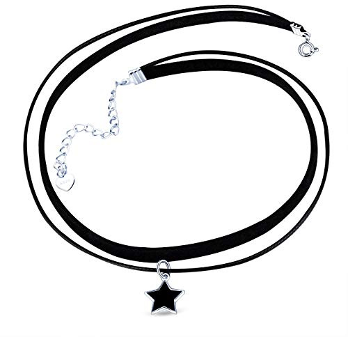 Yumilok Frauen Damen Mädchen Choker Doppel Kette Halskette mit Stern Anhänger Choker Halskette Halsband Schwarz Seil Leder