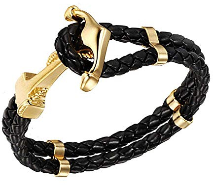 Forziani Mens Gold Anchor Black Leather Bracelet - Luxurious Nautical Bracelet - Gift Packaging Included - Sz Large - Awesome Mens Gift