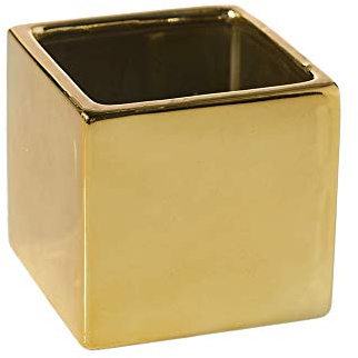 WGV Ceramic Cube Vase Width 6.5 Height 6 (Fits 6 Pot) Elegant Modern Block Square Floral Planter Terrarium Container Table Dresser for Event Accent Home Office Decor Gold 1 Piece