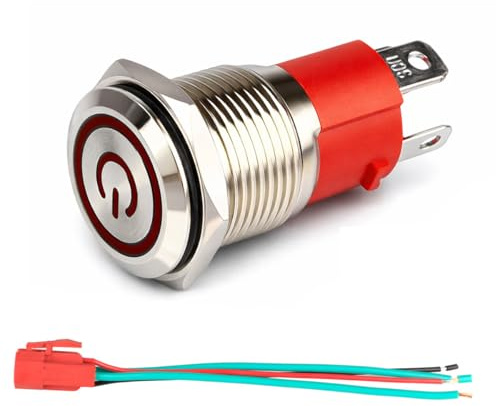 GUUZI 12V-24V / 15A Interruptor de Botón de Enclavamiento NO, Luz LED Roja Impermeable Iluminado Botón de Encendido de Metal de 16 mm con Cable de Enchufe