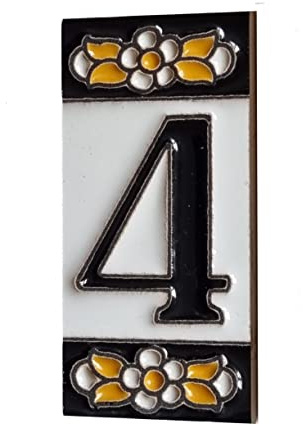 7,5 cm x 3,5 cm Spagnolo Arancione & Nero Floreale Ceramica Numero civico Simboli & Metallo Filigrana Cornici (Numero 4)