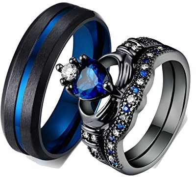 ANAZOZ 2 Stück Eheringe Paarpreis Edelstahl Vergoldet 6mm Breit Gebürstet Krone Solitär Diamantring Blau Claddah DamenringPartnerringe Schwarz Frau:49 (15.6) & Mann:60 (19.1)