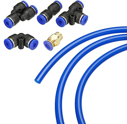 sourcing map Tuyau d'air pneumatique en polyuréthane, 6 mm OD 10 mètres, kit d'outils de tube 1/8BSPT avec lot de 12 raccords de tuyau, bleu