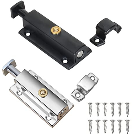 2 Pièces Verrou Porte Interieure, Serrure de Porte de Salle de Bain avec Bouton à Ressort, Argent, Noir Serrure de Porte Automatique 4 Pouces/100mm, pour Sécuriser Porte de Chambres, Placards