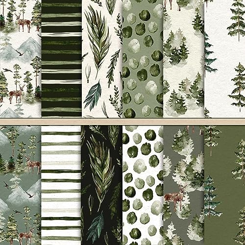 Whaline Weihnachtsmusterpapier, 12 Designs, 30 x 30 cm, doppelseitig, Aquarellwald, Grün und Weiß, 30 x 30 cm, Bastelpapier für selbstgemachte Karten, Sammelalben, Dekoration, 24 Stück