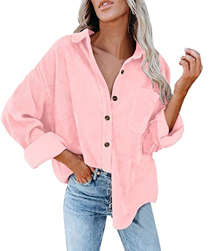 Damen Hemd Bluse Corduroy Damenbluse Langarm Casual Cordhemd mit Knöpfen Einfarbig Blusen