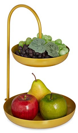 Relaxdays Frutero 2 Pisos, Metal, 31 x 23 x 20 cm, Cuenco Redondo para Manzanas, Plátanos, Verduras y Galletas, Dorado, Hierro