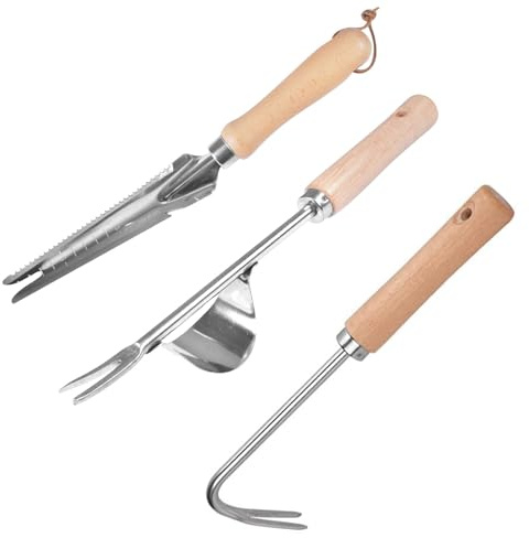 Qooloo Lot de 3 Désherbeur Manuel, Outil de Désherbage en Acier Inoxydable, Weeder de Jardin avec Poignée Bois, Extracteur de Mauvaises Herbes pour Désherber Votre Jardin, Creuser