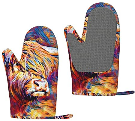 Heat Resistant Silicone Oven Gloves Sets Of 2 - Highland Cow Kitchen Non-Slip Silicone Oven Mitts 1 Pair For Baking Cooking Bbq