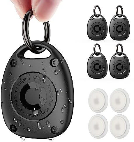 CITYWAY (4-pack) för AirTag-nyckelringshållarfodral | IPX8 vattentät, ultrakompakt | bärbart luftmärkesfodral för hundkrage, ryggsäck, nycklar, bagage – svart