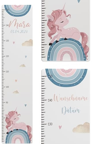Kidsmood - Personalisierte Messlatte Kinder aus Aluverbund – Hochwertige Messleiste & Wand-Deko für Kinderzimmer mit zauberhaftem Einhorn-Regenbogen – Tolles Taufgeschenk für Mädchen (65-140cm)