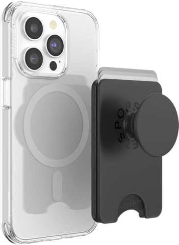 PopSockets Handy-Wallet für MagSafe, Kartenhalter mit Grip, Black - Black | PopWallet, hält 3 Karten, magnetisch, abnehmbar, sicher, schwarz, iPad, abnehmbar, Druckknopf