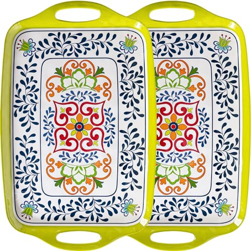 ZAROCRUS Large Serving Platter with Handles,19”x12”Large Rectangular Melamine Serving Tray Set of 2, Kitchen Food and BBQ Serving Platter, Talavera Grilling Prep and Serve Tray, Dishwasher Safe