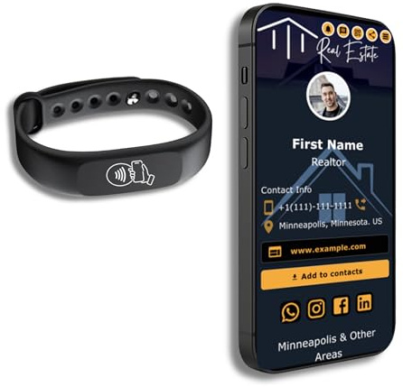QRLynk Tap Wristband - NFC Tags Digital Business Card - Tap NFC & Scan QR Code Bracelet - No Fee, No Subscription - Works on iPhone, Android(Black, Pack 1)