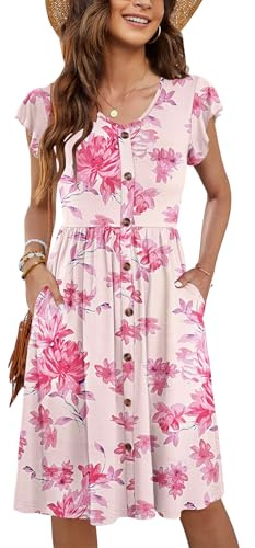 MOLERANI Damsommarklänningar, volangärmar, V-ringad, avslappnad, svängande, elastisk midja, midiklänning med fickor, S–2XL, Rosa blommor, XL