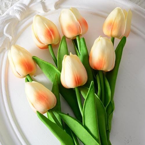 Ykybhx 20PCS Real Touch Light Champagne Tulips Artificial Flowers with Long Stem Leaves Faux Tulips Flowers Fake Tulip Flowers for Home Decor Party Floral Arrangements Wedding Bouquets Table Decor 15