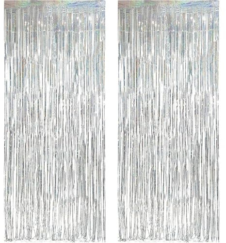 Lametta Vorhang Glitzer, 2 Stück Metallic Vorhänge Metallische Glitzervorhang Fringe Tinsel Folien Luftschlangen Foto Hintergrund für Geburtstag Disco Hochzeit Neujahr Weihnachtsfeier (Silber)