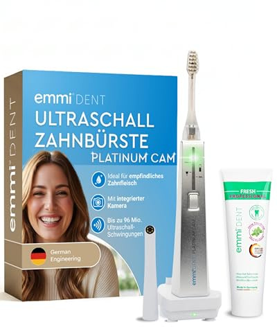 emmi-DENT Platinum CAM Brosse à dents à ultrasons Blanc I Kit de démarrage avec caméra intégrée I Avec poignée, station de charge, 2 embouts et dentifrice I Réduction de la plaque et du tartre I