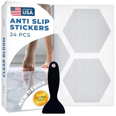 Clear Bloom Anti-Slip Shower Stickers for Tub & Shower Floor — Original Clear Hex Non-Slip Bathtub Stickers, 24 Pack 3.25”, Micro-Pyramid Grip, Scraper Included, Easy Apply