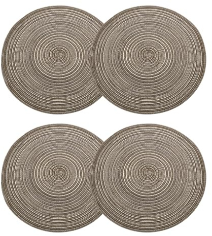 sourcing map 4pcs Round Braided Placemats 15 Non-Slip Round Table Mats for Dining Tables Washable Heat Insulation Woven Placemats Indoor Outdoor for Family Holiday Dinner, Brown