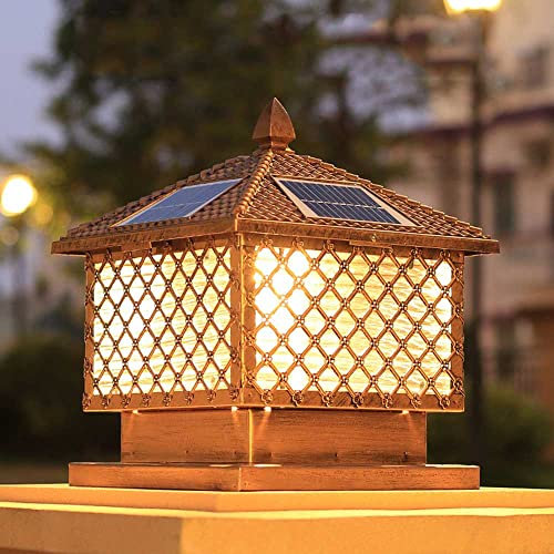 ASumPio LED Solar Power Column Caps Lamps 3 Light Modes Pillar Lantern Rust Bronze Finish Column Lamp Waterproof Light Decorative for, Fits 4x4, 5x5 Wooden Posts,30cm