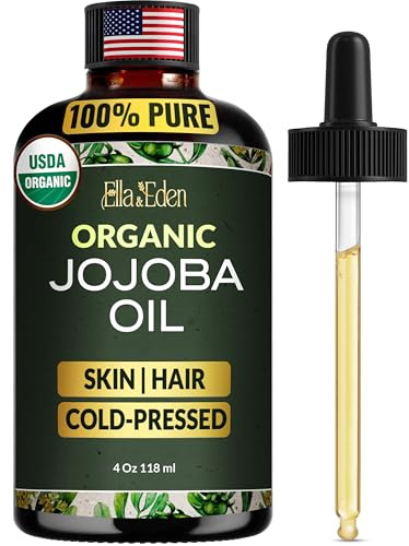 Ella & Eden Organic Jojoba Oil – USDA Certified, Cold-Pressed, 100% Pure & Unrefined, Hexane-Free Oil for Skin, Face, Hair & Nails – 4 Fl Oz Glass Bottle