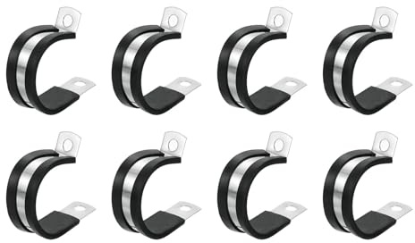 sourcing map 1-1/4(32mm) Cable Clamp, 304 Stainless Steel Rubber Cushioned Insulated Clamp R Shape Metal Clamp Tube Holder for Pipe Hose Wire Cord Installation 8Pcs